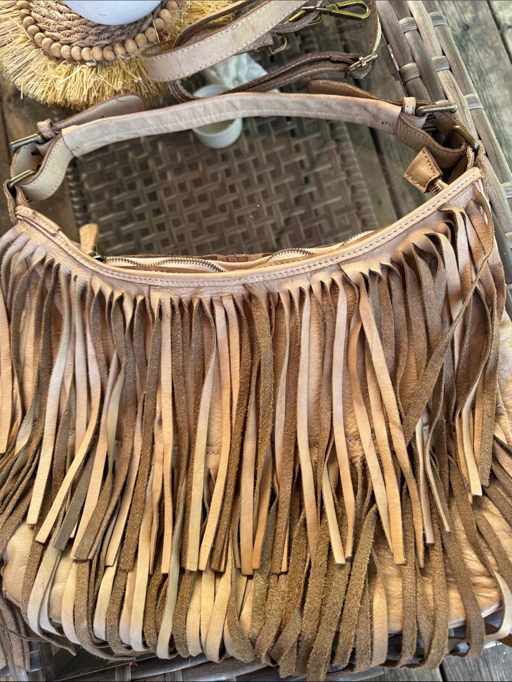 Beige leather shoulder/ crossbody fringe bag Italy
